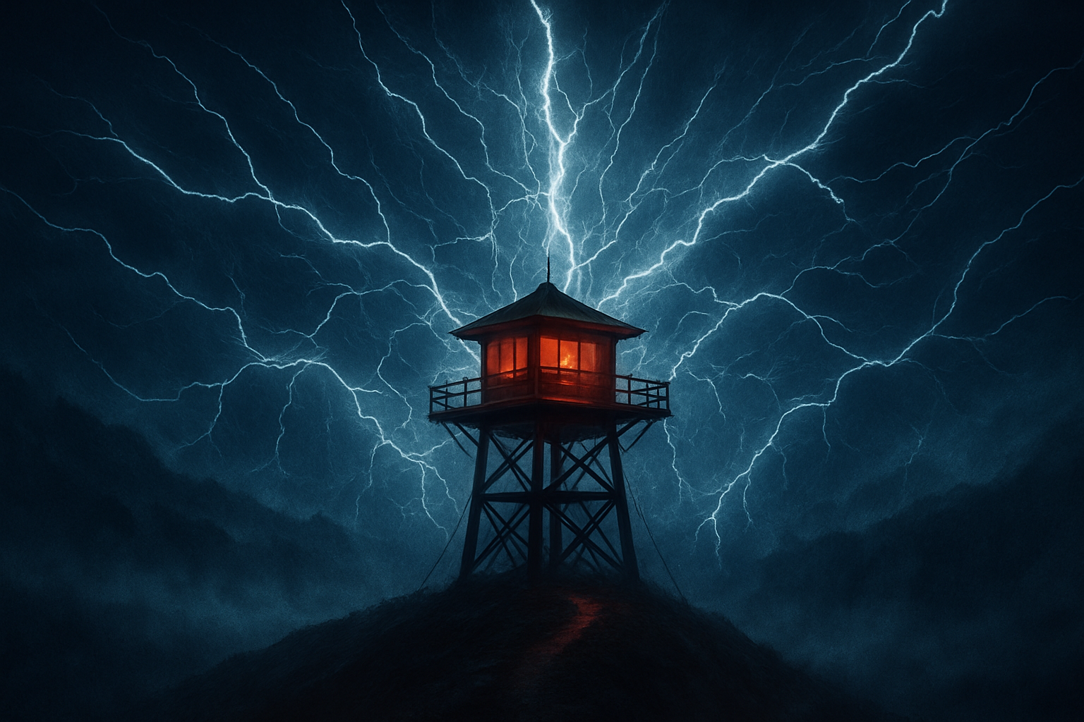 A lonely watchtower on a ridge under a sky shattered with lightning